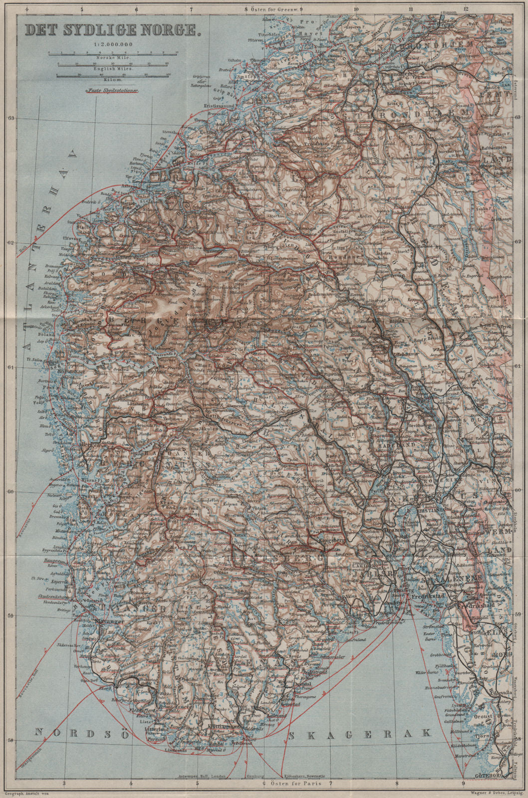 SOUTHERN NORWAY. Det Sydlige Norge kart. BAEDEKER 1912 old antique map chart